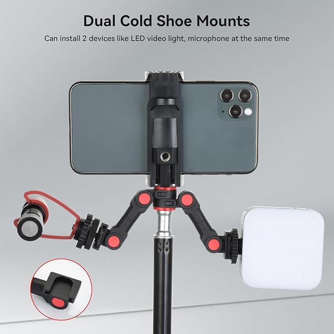 UTEBIT Dual Cold Shoe Mount, Extension Bar Universal Cold Shoe Adapter with Phone Holder Mount, 1/4" Thread Holes Cold Shoe Mount for Microphone,Led Video Light, Audio Recorder Monitors