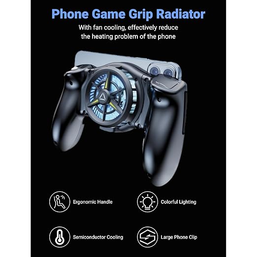 ciciglow Phone Game Grip, Semiconductor, Adjustable Mobile Controller Handle Holder with Colorful Light Effect, Fan Cooling, for, iOS