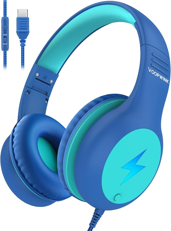 Kids Headphones Wired with Microphone, USB Type C Headphones for Kids Girls Boys with Cord/LED Lights/85/94dB Volume Limit, Portable Over Ear Headphones for School/Travel/Tablet/iPad