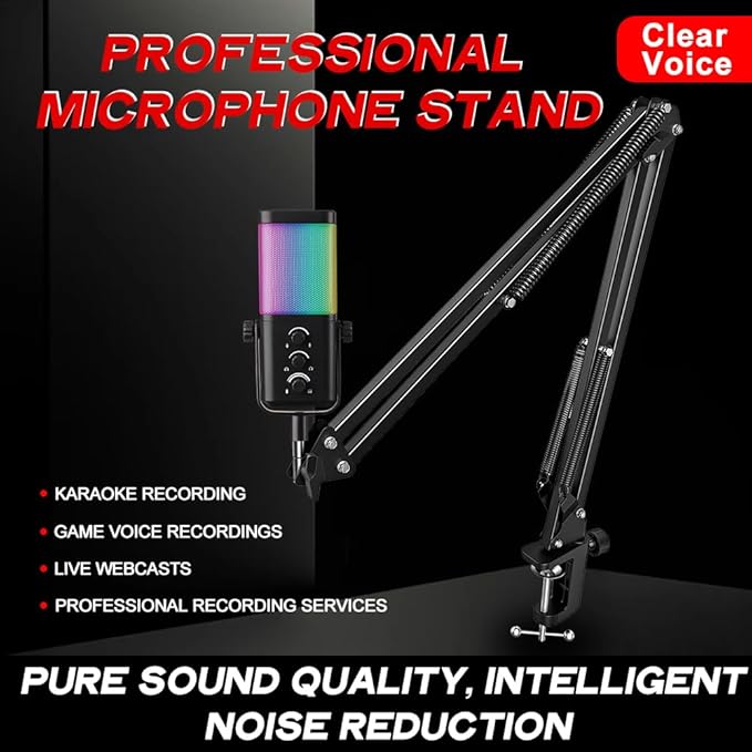 USB Gaming Microphone with Boom Arm - Professional RGB Condenser Mic for PC/PS5 - Triple-Knob Control (Mic Gain, Headphone Vol, Monitor Mix) - Zero Latency Streaming Kit