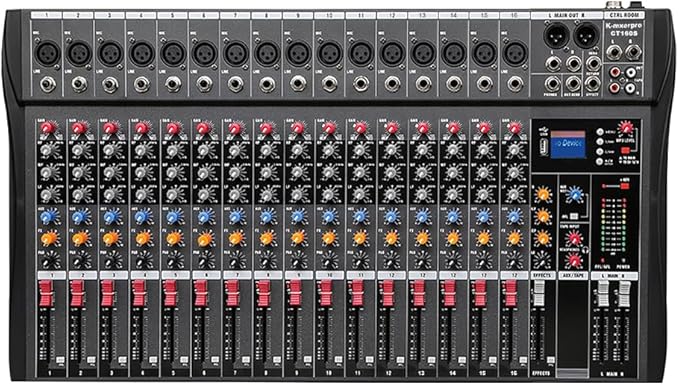 16 Channel Professional Audio Mixer Console Sound Board with 48V Phantom Power,USB Audio Interface for Live Show,Streaming Recording Music Stage Karaoke