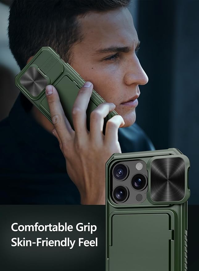 Vihibii for iPhone 15 Pro Case Wallet with Card Holder (4 Cards) & Slide Camera Lens Cover & Kickstand & Raised Edges Protective Screen, Rugged Durable Phone Case for iPhone 15 Pro 5G 6.1" 2023, Green