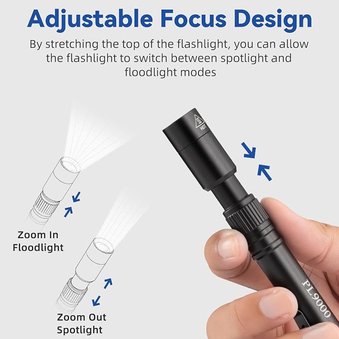 2Pack Pen Flashlight Rechargeable PL9000, 5Mode Bright Pen Light Flashlight High Lumens, Waterproof Pocket Flashlights, EDC Adjustable Tactical Flash Light, LED Small Lights with Clip for Emergencies