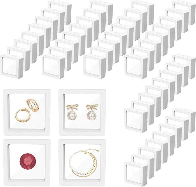 64 Pcs Floating Frame 3D Transparent Plastic Display Stand with Clear PE Film for Coin Jewelry Medallion Shells Small Collectibles Display Case