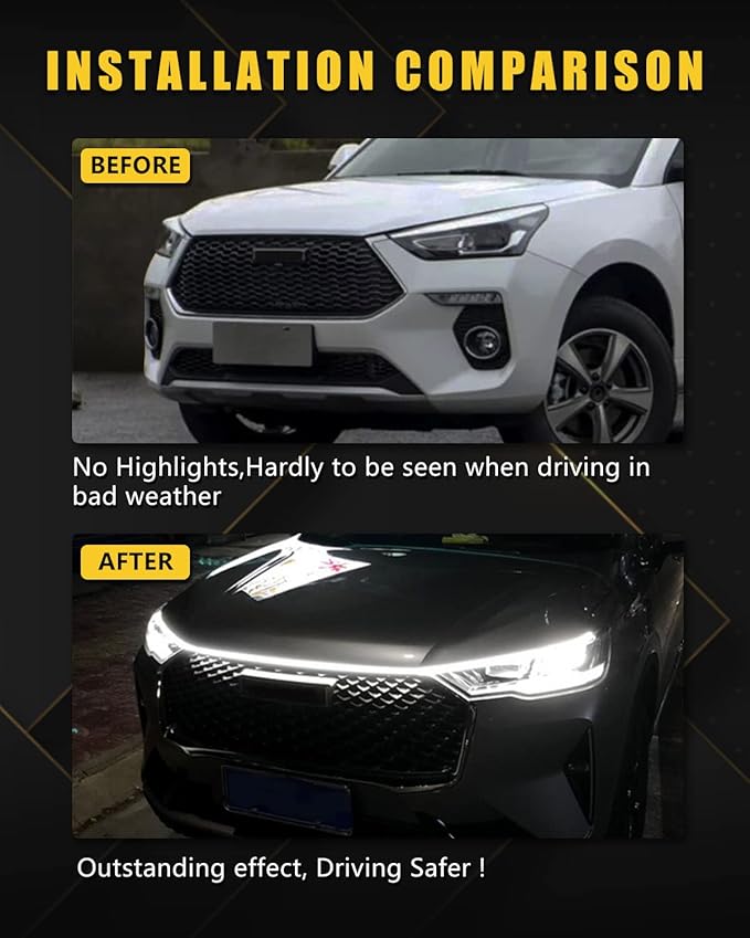 YM E-Bright Led Hood Light Strip Exterior Car Led Strip Light Waterproof Flexible DRL Dynamic Scan Start Up Hoodbeam Kit Daytime Running Lights for Car,Truck,SUV,12V 59inch,White,1 Set