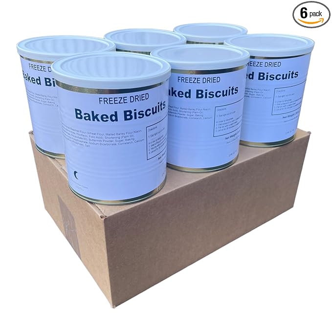 Military Surplus Freeze Dried Real Baked Biscuits – #10 Can – 25+ Year Shelf Life – Ready to Eat Emergency Food – Survival, Camping, Hiking, Hunting Meals – Long-Term Storage 10–12 Biscuits per Can Pack of 6