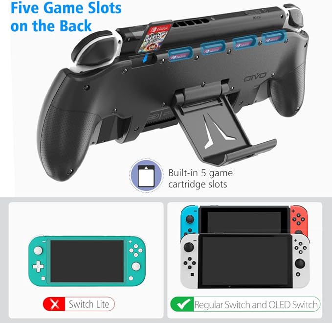 OIVO Switch Grip with Upgraded Adjustable Stand, Asymmetrical Grip with Adjustable Stand and 5 Game Slots-4 Thumb Caps Included