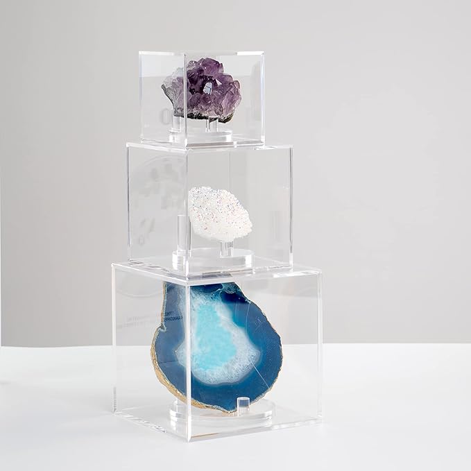 3 Pegs Round Display Easel Stands with Transparent Acrylic Box, Multiple Decoration Storage Case, Small Items Stands for Displaying Collectible Stone Rock Mineral Geodes (Medium-4x4x4in, 1Pcs)