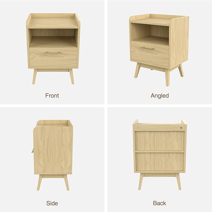Night Stand with Drawer & Open Storage Shelf, Small Wooden Nightstand with Raised Edge, Mid Century Modern Side Table with Solid Wood Feet, Metal Handle for Bedroom Natural