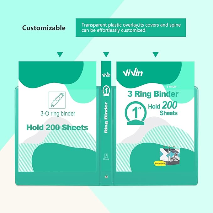 ViVin 1 Inch Round Ring View Binder for Durability, Standard 3 Ring Binder for 200 Sheets of US Letter Size Paper, PVC-Free, 6-Pack (Lake Green)