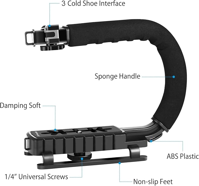 PULUZ U/C Shape Video Action Stabilizing Handle Grip Handheld Stabilizer Kit with Phone Clamp & Quick Release Buckle & Long Screw for Canon Sony Nikon Cameras and Home DV Camera Smartphones
