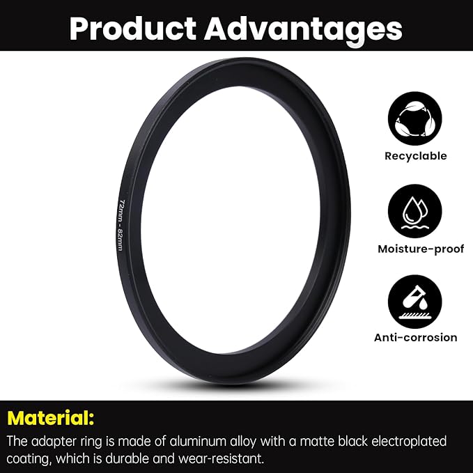 Metal Step Up Ring Filter Adapter - 72mm to 82mm - Metal Ring Step Up Rings Adapter Filter Compatible with All 82mm UV, CPL, ND, Lens Hood, Threaded Lens ect