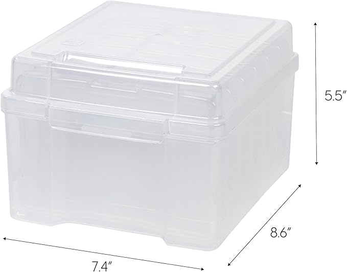 IRIS USA 5" x 7" Photo Storage Box Craft Keeper, Transparent Protection Container with 6 Organization Holder Cases for Pictures, Tasks, Scrapbooking, Ephemera, Stationery Storage, Clear