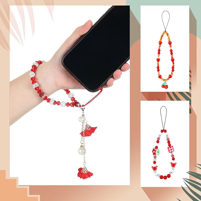 Ecally 3 Pcs Phone Charms Strap Camera Charm Strap Pearl Beaded Butterfly Bow Flower Cute Phone Wrist Lanyard Bracelet for Camera Keychain Wallet Decor Easter Gifts