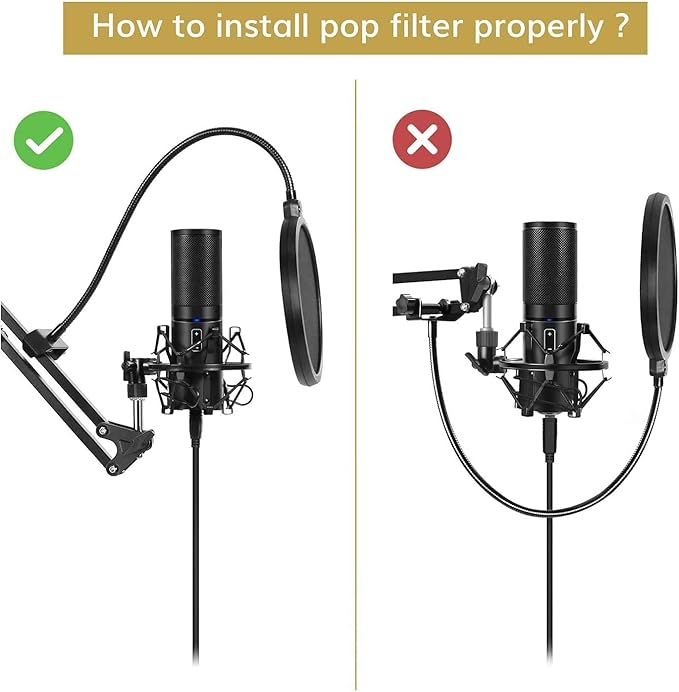 TONOR Microphone Arm Stand, Adjustable Suspension Boom Scissor Mic Stand with Pop Filter, 3/8" to 5/8" Adapter, Excellent Compatibility, Mic Clip, Upgraded Heavy Duty Clamp, 35cm+35cm, T20