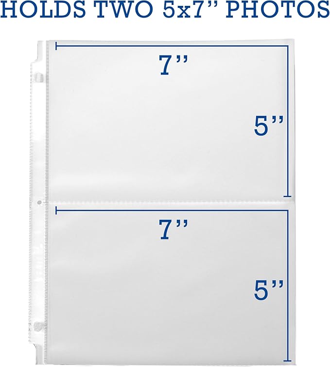 Samsill 100 Pack 5x7 Photo Album Refills, 100 Pictures, 3-Ring Binder Photo Sleeve Inserts, 2 Pocket Photo Page for 5x7 Photographs, Postcards, Recipe Cards, 400 Pictures Total