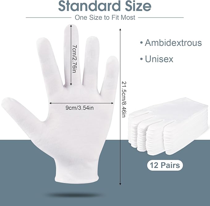 24 Pcs White Cotton Gloves for Dry Hands & Eczema, Moisturizing Sleeping Gloves for Men and Women, Stretchy Breathable Work Glove for Eczema, Jewelry Inspection, Spa