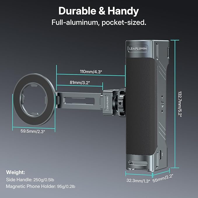 Magnetic Side Handle Handgrip for Smartphones, 360° Rotatable Aluminum Phone Grip with Shutter | SD/TF Card Reader | PD Charging | USB C Port | Cold Shoe | ARRI Holes for Mobile Video Rig