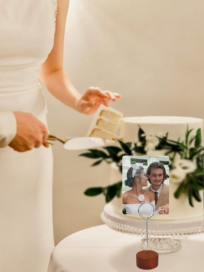 6 Pack Wood Place Card Holders with Metal Clip, 4.3" Tall Table Number/Name Sign Holder, Memo Card Photo Picture Note Clip Stands for Party Restaurant (Silve Circle)