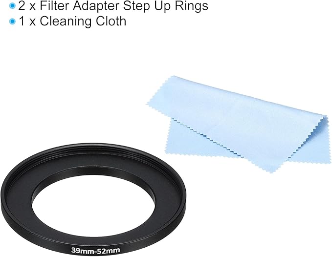 PATIKIL 39mm-52mm Metal Step Up Ring with Cleaning Cloth, 2 Pack Camera Lens Filter Adapter Ring Aluminum Filter Adapter Ring for Camera Lenses Hood, Black