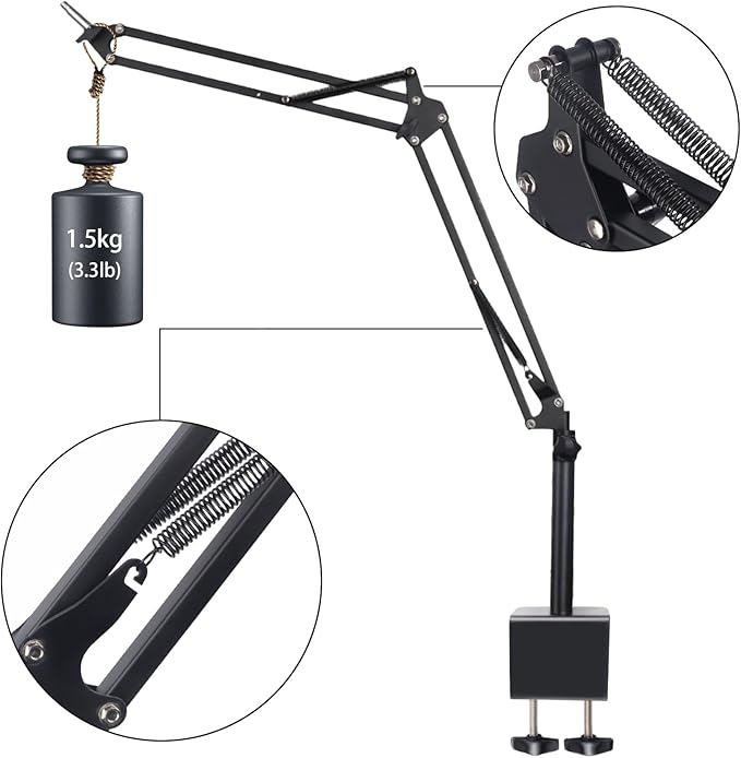 Microphone Stand Mic Boom Arm for Blue Yeti HyperX QuadCast SoloCast Yeti Nano Snowball SM7B Q2U Fifine K669B and Other Mics, Overhead Mic Stand Desk Boom Arm with 5/8" 1/4" Adapter