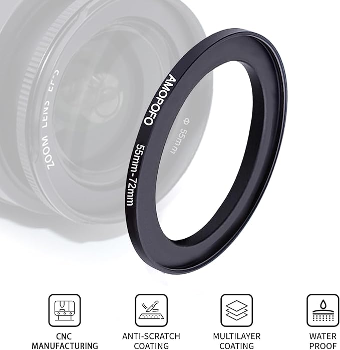 55mm to 72mm Step-Up Ring Filter Adapter/Adapter Ring for 72mm UV,ND,CPL,Aluminum,Black