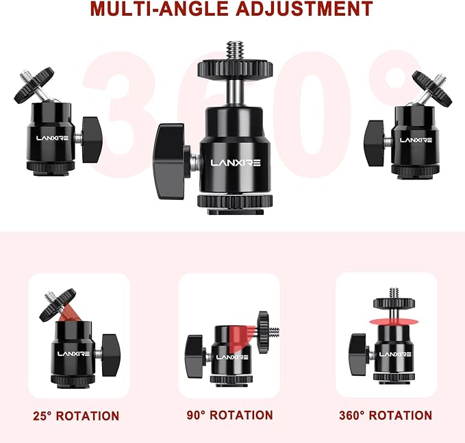 Camera Hot Shoe Mount with 1/4" Screw and Ball Head Adapter - Compatible with Camera, Camcorder, Smartphone, Action Camera, LED Lights, Microphone - 2 Pack