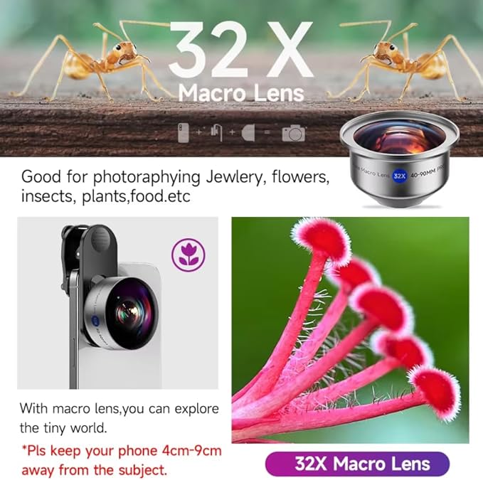 32X Macro Lens Kit for iPhone, 40-90MM, 3 in 1 Phone Camera Lens Kit, 52MM CPL Lens Filter + Starlight Lens Filter + Macro Lens for iPhone Samsung Android Smartphone