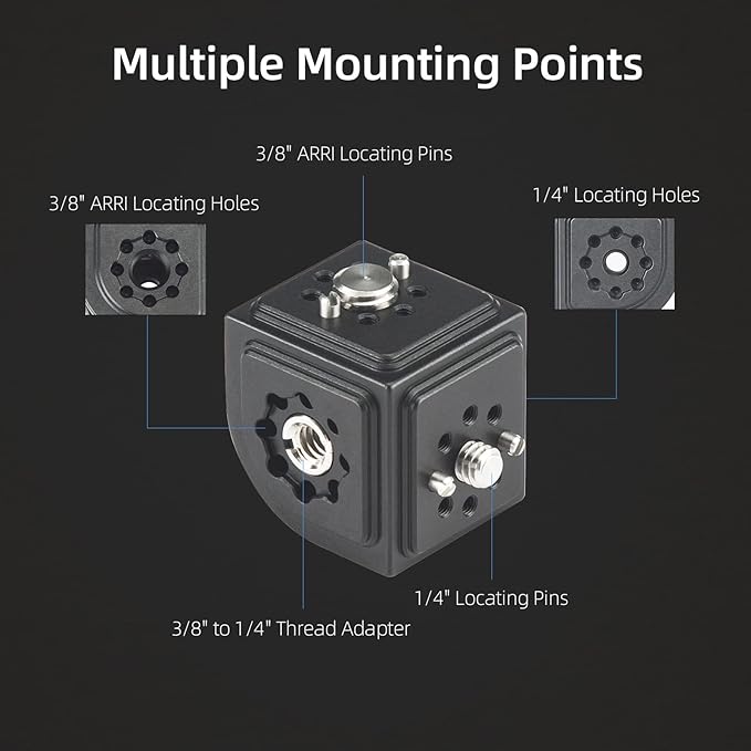 Nitze Camera Mount Cube Adapter (4-Sided) Camera Mount with 1/4” / 3/8" Locating Holes, 3/8” to 1/4” Thread Adapter, 1/4” Screws, 3/8” Screws and Locating Pins - N82A