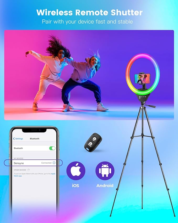 Sensyne 10'' RGB Ring Light with 50'' Extendable Tripod Stand, Circle Lights with Phone Holder for Live Stream/Makeup/YouTube Video/TikTok, Compatible with All Phones