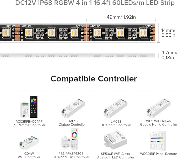 BTF-LIGHTING IP68 Waterproof Outdoor RGBW LED Strip 5050SMD RGB+Warm White(3000K-3500K) 4 Colors in 1 DC12V 16.4ft 5m 60LED/m Multi-Colored Tape Lights Can Work Outdoor(No Adapter or Controller)