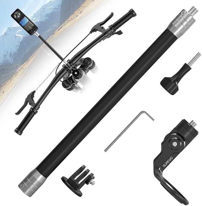 SUREWO Aluminum Motorcycle Bike Handlebar Mount for Insta360 X5,Bike Handlebar Selfie Stick Mount with Adjustable Aluminium Alloy Rod for Insta360 X5 X4 X3 X2 X,DJI Action 5Pro/4/3,GoPro