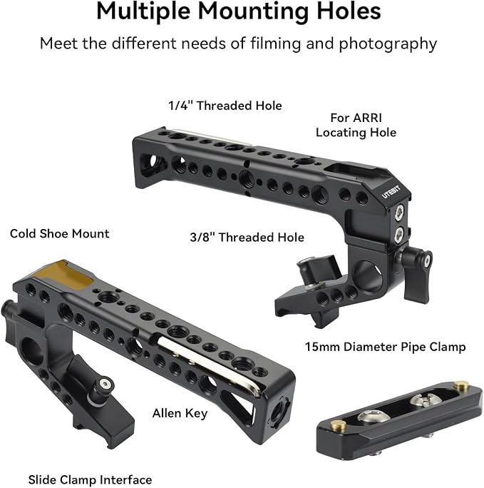 UTEBIT Camera Top Handle and NATO Rail, Top Handle Grip with 1/4" 3/8" ARRI Threads, 4 Cold Shoe Adapters to Mount DSLR with Microphone/LED Light/Monitor