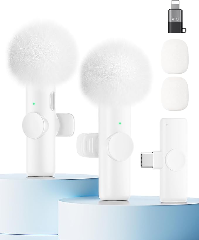 Wireless Microphone for iPhone iPad and Android Phone, 2 Pack Wireless Lavalier Lapel Mic with Noise Reduction, Plug and Play Mini Microphone for Video Recording Interview YouTube TikTok Vlog (White)