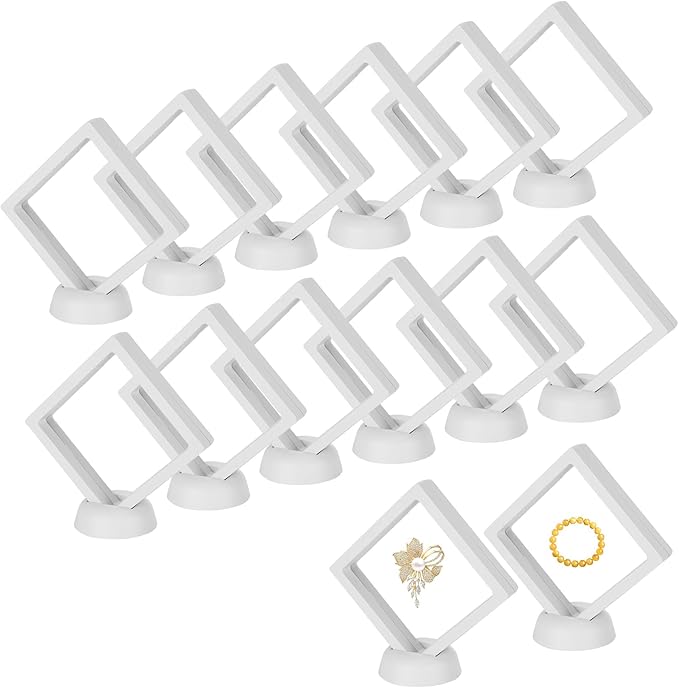 12PCS 3D Floating Frame Case with Stands, Challenge Coin Display Stand Holder, Gift Packing Frame Showcase for Earrings, Jewelry, Medallions, Specimens, 3.54x3.54 Inch (White)