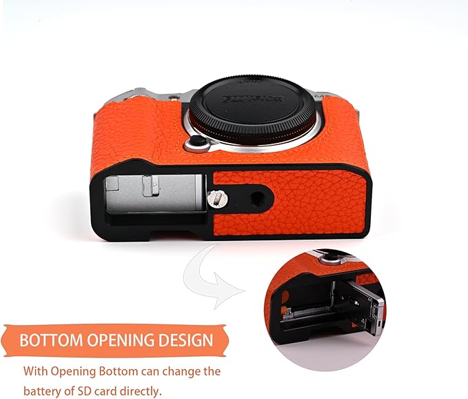 Uchandmade Handmade Genuine Leather Camera Half Case for Fujifilm X-M5/Fujifilm X-M5 Camera Case/Fujifilm X-M5 Case - Top Layer Cowhide Body + Metal Base Plate (Orange1)