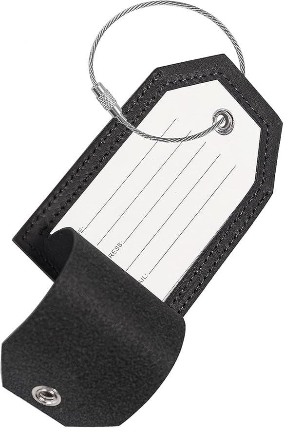 Genuine Leather Set of 2 Luggage Tag with Full Back Privacy Name ID Card Stainless Steel Loop Suitcase Labels Identifiers Baggage Tags Luggage for Women Men Travel (Black)