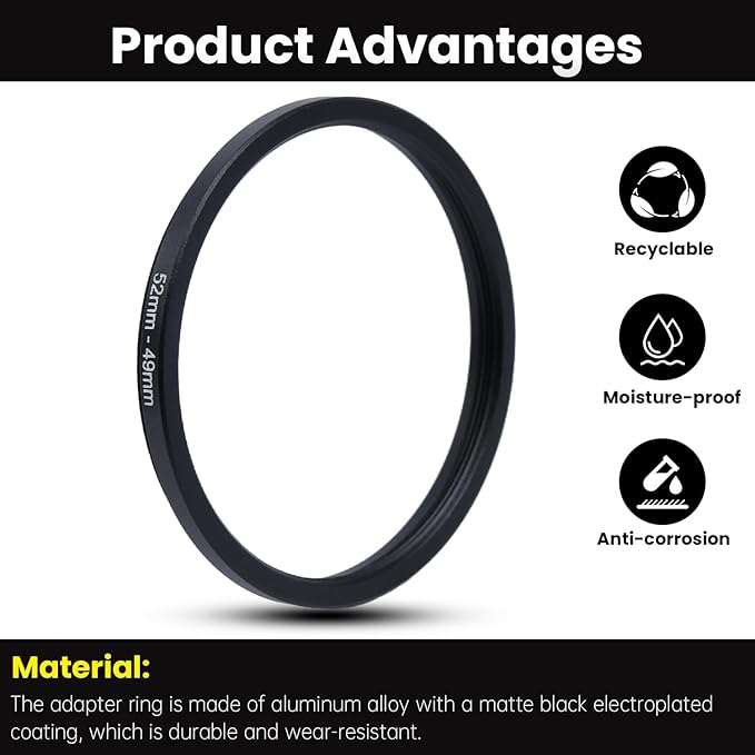 Metal Step Down Ring Filter Adapter - 52mm to 49mm - Metal Ring Step Down Rings Adapter Filter Compatible with All 49mm UV, CPL, ND, Lens Hood, Threaded Lens ect