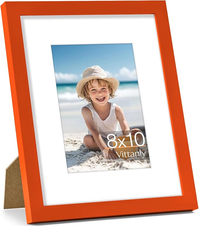 Vittanly 8x10 Picture Frame, Made of Solid Wood and Shatterproof Plexiglass, Display Pictures 5x7 with Mat or 8x10 without Mat, Wooden Photo Frame for Wall Mounting or Tabletop Display, Orange, 1 Pack