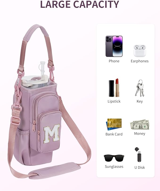 sportsnew Birthday Gifts for Women Personalized Initial Water Bottle Holder with Strap fits most 40oz Tumbler with Handle Water Bottle Carrier Bag with Phone Pocket & Straw Topper Tumbler Accessories