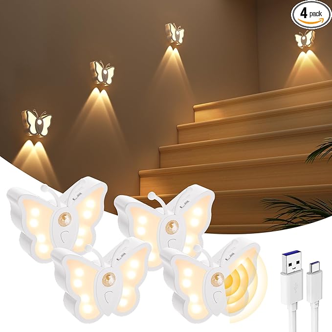 LOFTEK Motion Sensor Night Light, Rechargeable Stair Lights, Wireless with Magnetic Stick on Wall Light for Hallway, Bathroom, Bedroom, Kitchen, Portable for Outdoor Camping, Warm White, 4 Pack