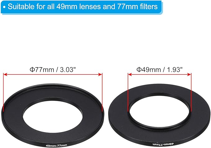 PATIKIL 49mm-77mm Metal Step Up Ring with Cleaning Cloth, 2 Pack Camera Lens Filter Adapter Ring Aluminum Filter Adapter Ring for Camera Lenses Hood, Black