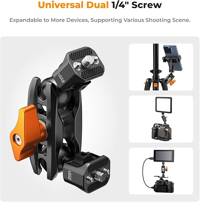 K&F Concept Magic Arm with Super Clamp with Two 360° Ball Heads, 1/4" Screw + Dual Ball Heads Magic Arm Compatible with Camera, Phone, GoPro, Tripod