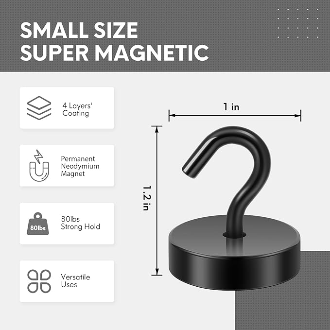 Neosmuk Magnetic Hooks, Cruise Ship Essentials, 80lb+ Heavy Duty Magnetic Hooks for Cruise Cabins, Refrigerator, Grill, Hanging, and Travel | Extra Strong Must-Haves Magnet Hook,Black, 5 Pack