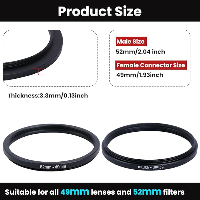 Metal Step Down Ring Filter Adapter - 52mm to 49mm - Metal Ring Step Down Rings Adapter Filter Compatible with All 49mm UV, CPL, ND, Lens Hood, Threaded Lens ect