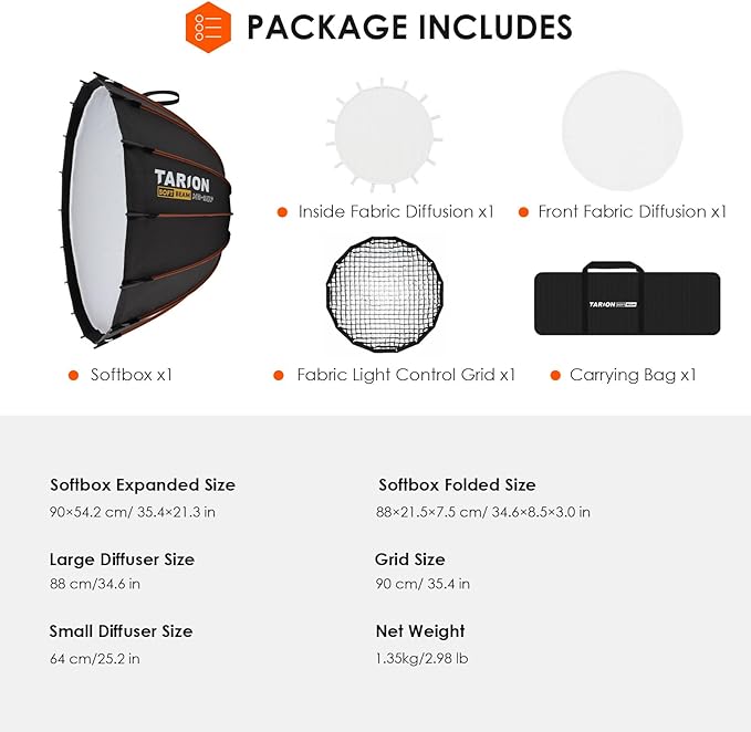 TARION Quick Release Parabolic Softbox - Bowens Mount Softbox with Diffusers/Honeycomb Grid/Carrying Bag for Live Streaming, Photography, Videography (Parabolic 35.4"/90cm)