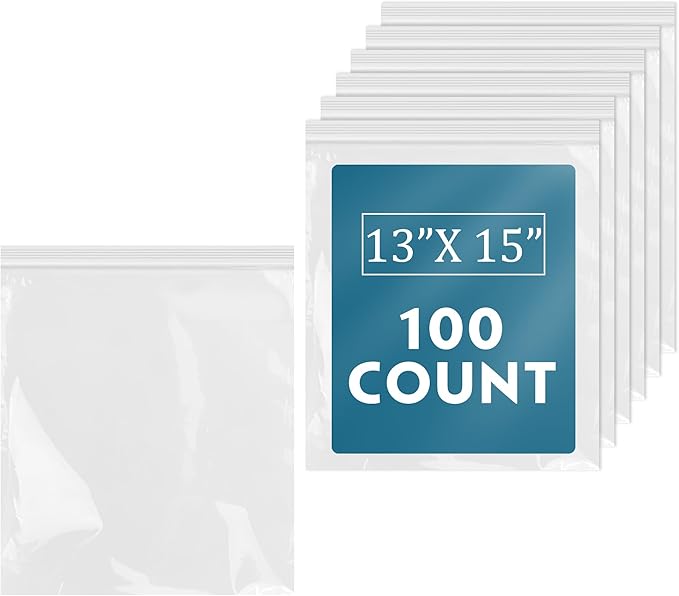 iMailer - 100 Count - 13" x 15" Clear Reclosable Zip Plastic Poly Bags - 2 Gallon Zip Bags for Clothing, T-Shirts, Pants