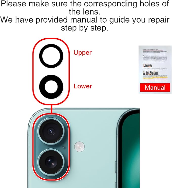 2PCS ASDAWN Back Rear Camera Lens Glass Replacement for iPhone 16 6.1 inch and 16 Plus 6.7 inch with Pre-Installed Adhesive, Back Lens Glass with Installation Manual + Repair Tool Set