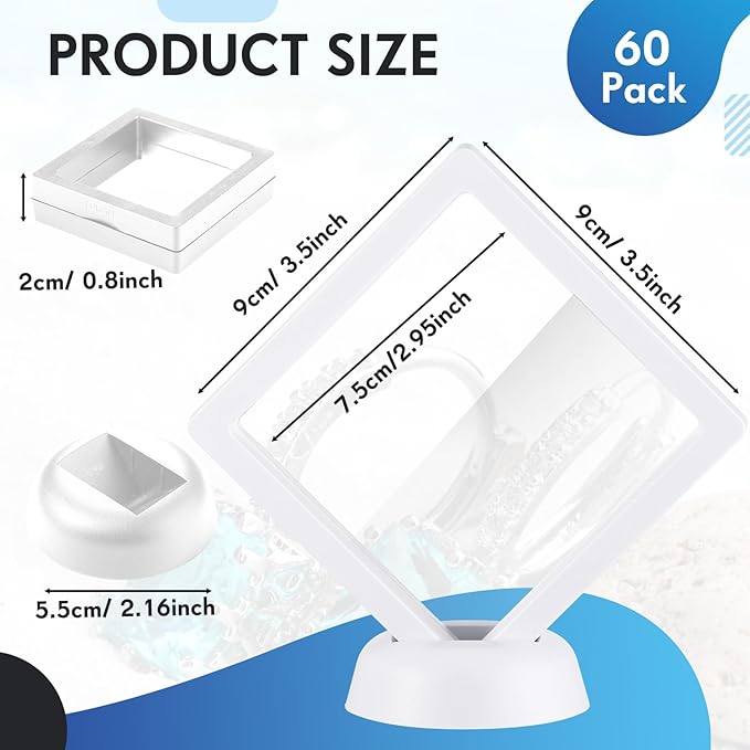 60 Pcs 3D Floating Display Case PE Film Jewelry Storage Box Coins Display Frame Holder Stands for Antique Challenge Coins, Medallion Shells Gems Rocks Pins (White,3.5 Inch)