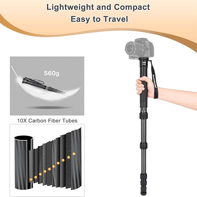 Koolehaoda 69-Inch Carbon Fiber Monopod for DSLR Cameras - 32mm Tube Unipod Stick, Lightweight Portable Travel, 33Lbs Payload Capacity